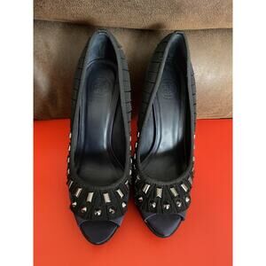 Tory Burch Erin Blk Navy Satin Trim Studs Platform Peep stiletto Sz 9 Sexy Goth